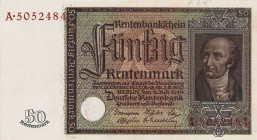 Deutsches Reich bis 1945
Deutsche Rentenbank 1923-1937 1, 2, 5 und 50 Rentenmark 1926-1937. 50 RM am Rand mit Bleistift beschriftet Ro. 164b, 165, 16...