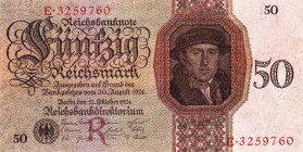 Deutsches Reich bis 1945
Deutsche Reichsbank 1924-1945 50 Reichsmark 11.10.1924. Udr.-Bst. R Serie E KN 3259760 Ro. 170a Grab. DEU-176a III+
