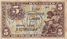 Bundesrepublik Deutschland
Bank deutscher Länder 1948-1949 5 DM 1948. KN B87904318A mit B-Stempel für Westberlin Ro. 237 a Grab. WBZ-16a IV+