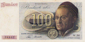 Bundesrepublik Deutschland
Bank deutscher Länder 1948-1949 100 DM 9.12.1948. KN 234934462 BZ W.94 Ro. 256 Grab. BRD-3 III-
