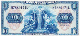 Bundesrepublik Deutschland
Bank deutscher Länder 1948-1949 10 DM 22.8.1949. KN N7880171L Ro. 258 Grab. BRD-4 II