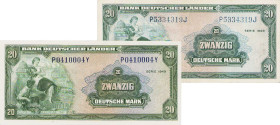 Bundesrepublik Deutschland
Bank deutscher Länder 1948-1949 20 DM 22.8.1949. KN P0410004Y und P5334319J Ro. 260 Grab. BRD-5 2 Stück. II-III-