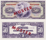 Bundesrepublik Deutschland
Bank deutscher Länder 1948-1949 50 DM 1948. Mit rotem Überdruck "MUSTER" auf Vorderseite und Rückseite, KN K1072090H rot g...