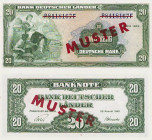 Bundesrepublik Deutschland
Bank deutscher Länder 1948-1949 20 DM 22.8.1949. mit rotem Überdruck "MUSTER" auf Vorderseite und Rückseite, KN P8418157F ...