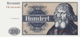 Bundesrepublik Deutschland
Deutsche Bundesbank 1960-1999 100 DM Probebanknote "100", KN CG 1201646 L Etwas verschnitten, I