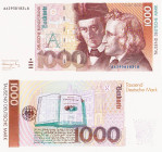 Bundesrepublik Deutschland
Deutsche Bundesbank 1960-1999 1000 DM 1.08.1991. Serie AA/L8 Ro. 302 a Grab. BRD- 46 a Selten. Winz. Knickspur, I-