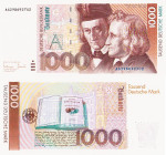 Bundesrepublik Deutschland
Deutsche Bundesbank 1960-1999 1000 DM 1.10.1993. Serie AG/U2 Ro. 308 a Grab. BRD- 52 a Sehr selten in dieser Erhaltung. I