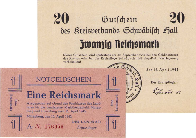 Städte und Gemeinden
Miltenberg (Bay.) 1 Reichsmark 15.4.1945. Serie "A", KN 17...
