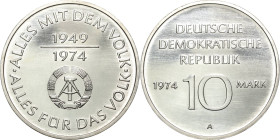Proben und Abschläge
 10 Mark 1974. 25 Jahre DDR-Materialprobe in Silber. Randschrift: 3x 10 Mark Jaeger 1551 P Selten. Leicht berieben, vorzüglich-P...