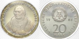 Kurs- und Gedenkmünzen
 20 Mark 1983. Luther. Im verplombten Originaletui Jaeger 1591 Polierte Platte