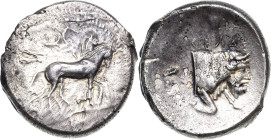 Sizilien Gela
 Tetradrachme 450/440 v. Chr. Wagenlenker in Quadriga, darüber Nike nach rechts fliegend, um die Pferde zu krönen / Stierprotome mit Me...
