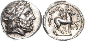 Makedonien Könige von Makedonien
Philipp II. 359-336 v.Chr Tetradrachme 323/316 v.Chr., Amphipolis Posthum. Belorbeerter Zeuskopf nach rechts / Nackt...