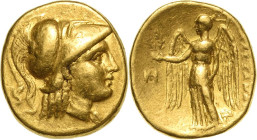 Makedonien Könige von Makedonien
Alexander III. der Große 336-323 v. Chr Goldstater 323/319v. Chr. Miletus Athenakopf mit Helm nach rechts, darauf Sc...