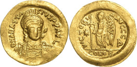 Anastasius I. 491-518 Solidus 492/507, Constantinopel Brustbild mit Helm, Speer und Schild von vorn, D N ANASTASIVS PP AVG / Victoria mit Kreuz steht ...