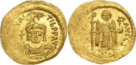 Mauricius Tiberius 582-602 Solidus 583/602, Constantinopel Brustbild mit Helm, Diadem, Kreuzglobus und Schild haltend, DN mAVRC TIb PP AVC / Victoria ...
