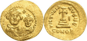 Heraclius mit Heraclius Constantinus 613-641 Solidus 616/625, Constantinopel Beider Brustbilder von vorn, ddNN hERACIIYS ET hERA CONST PP AVC / Stufen...