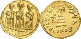 Heraclius, Heraclius Constantinus und Heraclonas 632-641 Solidus 638/639, Constantinopel Heraclius flankiert von seinen beiden Söhnen, alle 3 bekrönt ...