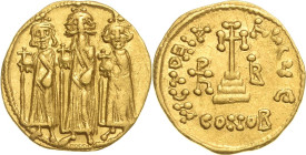 Heraclius, Heraclius Constantinus und Heraclonas 632-641 Solidus 638/639, Constantinopel Heraclius mit langem Bart steht zwischen den beiden Söhnen vo...
