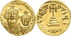 Constans II. und Constantinus IV. 641-668 Solidus 654/659, Constantinopel Brustbilder von Constans II. und Constantius IV. von vorn, beide mit Krone, ...