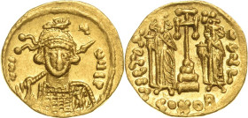 Constantinus IV. Pogonatus 668-681 Solidus 674/681, Constantinopel Brustbild mit Helm von vorn, Speer und Schild haltend, DN COTNYS P / Stufenkreuz zw...