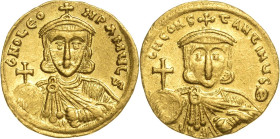 Leo III. mit Constantinus V. 720-741 Solidus 724/731, Constantinopel Brustbild Leos von vorn, dNO LEON PAMULS / Brustbild Constantinus von vorn, DN CO...