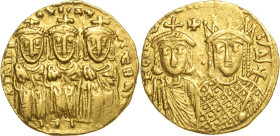 Irene und Constantinus VI. 780-797 Solidus 792/793, Constantinopel Standbilder Constantinus V., Leon III. und Leon IV. von vorn, S IRINI AVC mITHR / B...