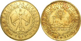 Chile
Republik 8 Escudos 1819, So/FD-Santiago de Chile KM 84 Friedberg 33 GOLD. 26.57 g. Leichte Fassungsspuren, übliche winz. Schrötlingsfehler, seh...