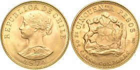 Chile
Republik 50 Pesos-5 Condores 1974. Friedberg 55 GOLD. 10.19 g. Vorzüglich-Stempelglanz