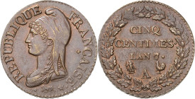 Frankreich
Erste Republik 1793-1804 5 Centimes 1798 (=An 7), A-Paris Gadoury 126 KM 640.1 Seltenes und prachtvolles Exemplar. Prägefrisch