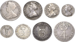 Großbritannien
Anne 1702-1714 4 Pence 1710. 3 Pence-1703. 2 Pence-1704. Penny-1706 Spink 3599 4 Stück. Fast sehr schön-fast vorzüglich