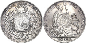 Guatemala
 Peso 1894. Mit beiderseitigen Gegenstempel des 1/2-Real-1894-Stempels auf einem peruanischen Sol von 1889 KM 224 (Münze mit Gegenstempel) ...