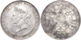 Hongkong
Victoria 1837-1901 Dollar 1868. KM 10 Davenport 245 Äußerst selten. Sehr schön+