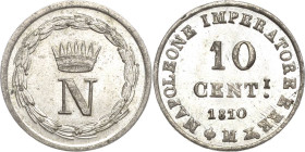 Italien-Königreich
Napoleon 1805-1814 10 Centesimi 1810, M-Mailand Montenegro 290 Pagani 68 Prachtexemplar. Rv. Min. Justiert, fast Stempelglanz