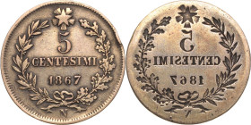 Italien-Königreich
Vittorio Emanuele II. 1859/1861-1878 5 Centesimi 1867, N-Neapel Fehlprägung: Vorderseite inkuse Prägung der Wertseite Montenegro 2...