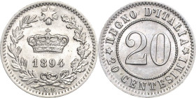 Italien-Königreich
Umberto I. 1878-1900 20 Centesimi 1894, KB-Berlin Montenegro 58 Pagani 611 Attraktives Exemplar. Vorzüglich-Prägefrisch