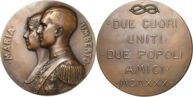 Italien-Königreich
Vittorio Emanuele III. 1900-1946 Bronzemedaille 1930 (G. Devreese) Hochzeit des Kronprinzen Umberto mit Maria von Belgien. Brustbi...