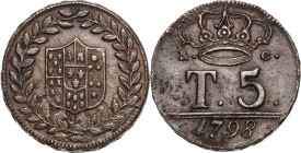 Italien-Neapel und Sizilien
Ferdinand IV. 1759-1805 5 Tornesi 1798. Fabrizi 392/2 Min. Belagreste, vorzüglich-Prägefrisch