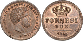 Italien-Neapel und Sizilien
Ferdinand II. 1830-1859 2 Tornesi 1843. Montenegro 1107 Fabrizi 582/3 Pagani 401 Prachtexemplar. Stempelglanz