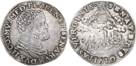 Italien-Toskana
Cosimo I. Medici 1537-1574 Testone o.J. Siena Madonna über der Stadtansicht von Siena Montagano 578 (R2) CNI 10 Selten. Sehr schön