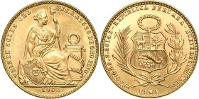 Peru
Republik 20 Sols 1964, Lima-Lima KM 229 Friedberg 80 GOLD. 9.37 g. Vorzüglich-Stempelglanz