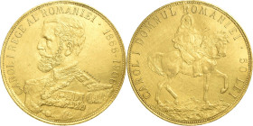 Rumänien
Karl I. 1866-1914 50 Lei 1906. 40. Regierungsjubiläum KM 39 Friedberg 6 GOLD. 16.00 g. Selten. Winz. Henkelspur, sehr schön-vorzüglich