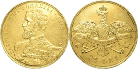 Rumänien
Karl I. 1866-1914 25 Lei 1906. 40. Regierungsjubiläum KM 38 Friedberg 7 GOLD. 7.96 g. Selten. Sehr schön-vorzüglich