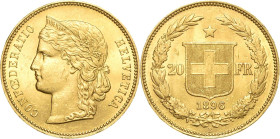 Schweiz-Eidgenossenschaft
 20 Franken 1896, Bern HMZ 2-1194 D./T. 292 Friedberg 495 Schlumberger 19 GOLD. 6.49 g. Vorzüglich-Stempelglanz