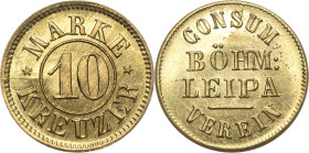 Medaillen
 Messingmarke o.J. (1850/1880). 10 Mark. Konsumverein in Böhmisch Leipa. 4 Zeilen Schrift / Wertzahl. 21 mm, 2,46 g Me. 3122.3 Seltenes und...