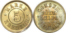 Medaillen
 Messingmarke o.J. (1850/1880). 5 Mark. Konsumverein in Böhmisch Leipa. 4 Zeilen Schrift / Wertzahl. 19,5 mm, 2,18 g Me. 3122.2 Seltenes un...