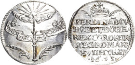 Habsburg
Ferdinand IV. 1653-1654 Silberjeton 1653. Krönung zum römischen Kaiser in Regensburg. Strahlendes Auge Gottes über Zepter und Schfiftband / ...