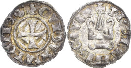 Achaia
Guido II. 1287-1308 Denar Theben Kreuz, +GVI.DVX (Rosette) ATENES. / Stilisiertes Kastell, THEBANI (Rosette) CIVIS Metcalf 1061 0.71 g. Attrak...