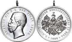Reuss-Städte und Gemeinden
Gera Silbermedaille 1886 (Raithel/Drentwett) 10. Mitteldeutsches Bundesschießen. Kopf des Fürsten Heinrich XIV. nach links...