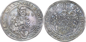 Sachsen-Ernestiner-Gesamthaus 1547-1573
Johann Wilhelm 1567-1573 Taler 1568, Weinblatt-Saalfeld Koppe 354 Schnee 165 Davenport 9762 Selten. Vorzüglic...