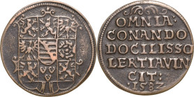 Sachsen-Weimar (Alt-Weimar) 1572-1603
Friedrich Wilhelm und Johann 1573-1602 Rechenpfennig 1582. 10-feldiges, mit Voluten verziertes Wappen / OMNIA C...